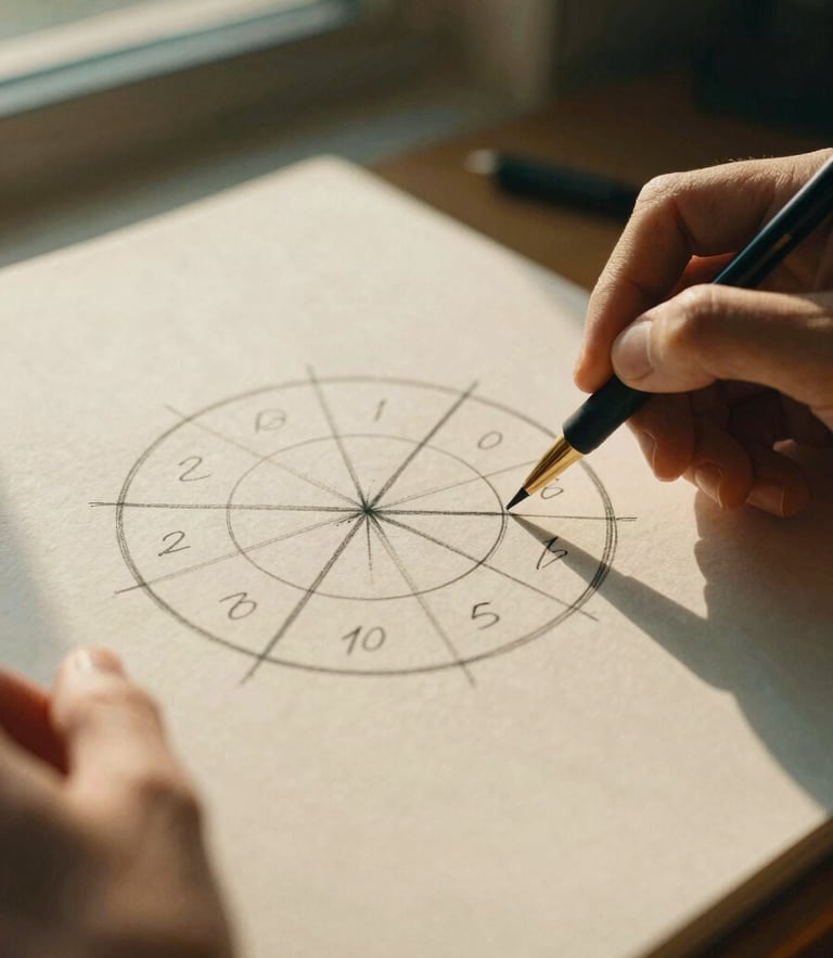 Warm editorial close-up of hands sketching a 10-domain wheel diagram on thick textured paper, soft late-afternoon gold light, shallow depth of field, 35mm
