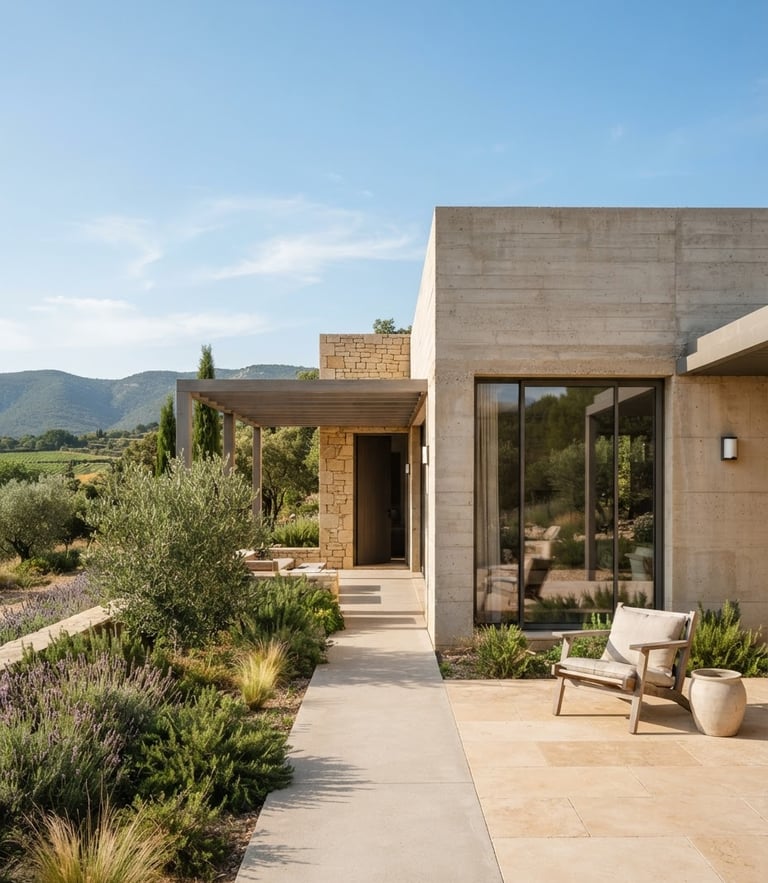 High-end architectural photography of a minimalist concrete house in Southern France, bright natural daylight, soft shadows, warm beige tones, 35mm lens