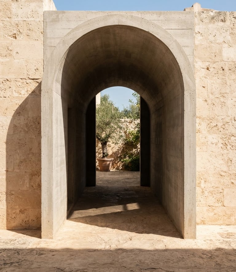 Minimalist architectural concrete archway, bright natural daylight casting sharp geometric shadows on warm beige stone, high-end architectural photography