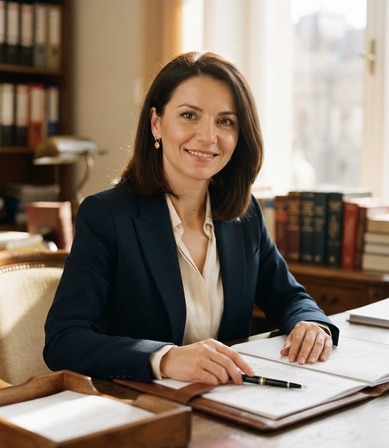 Close-up portrait of Notary Mădălina Fraiu in a sunlit Timișoara office, warm natural light from a high window, soft focus on legal volumes in the background, professional and reassuring, 35mm photography.