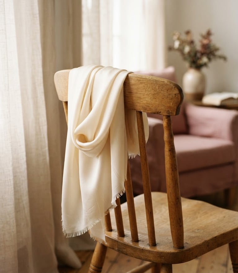 Warm editorial fashion photography of a soft cream-colored silk scarf draped elegantly over a wooden chair, soft morning window light, cream and dusty rose tones, shallow depth of field, 35mm