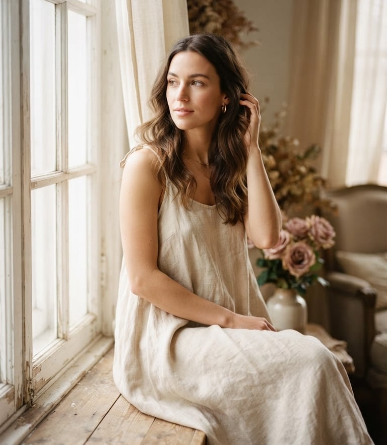 Warm editorial fashion portrait of a woman in a flowing beige linen dress, soft morning window light, cream and dusty rose tones, shallow depth of field, 35mm