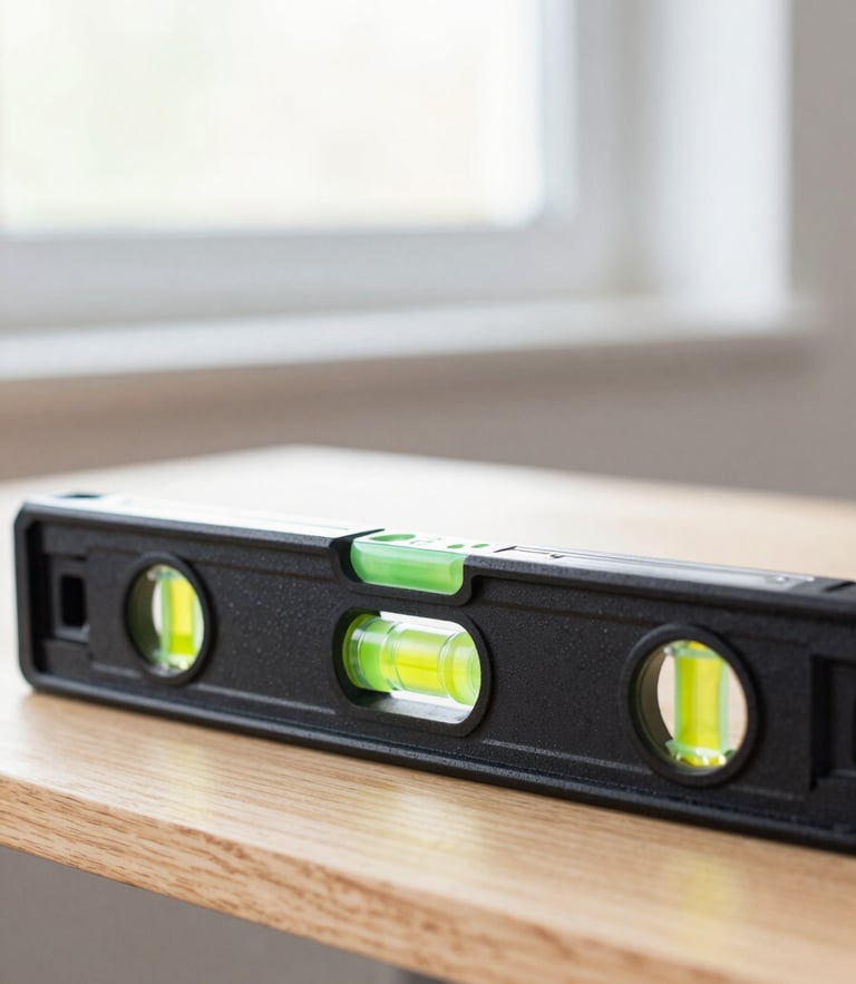 Close-up of a professional spirit level resting perfectly flat on a clean wooden shelf, bright natural indoor daylight, crisp editorial photography, sharp focus, 35mm lens