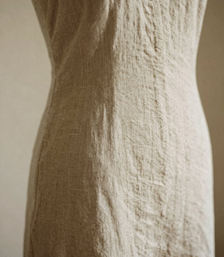 A close-up of premium neutral linen draped elegantly on a mannequin, soft natural daylight, warm sandy tones, shallow depth of field, 35mm film