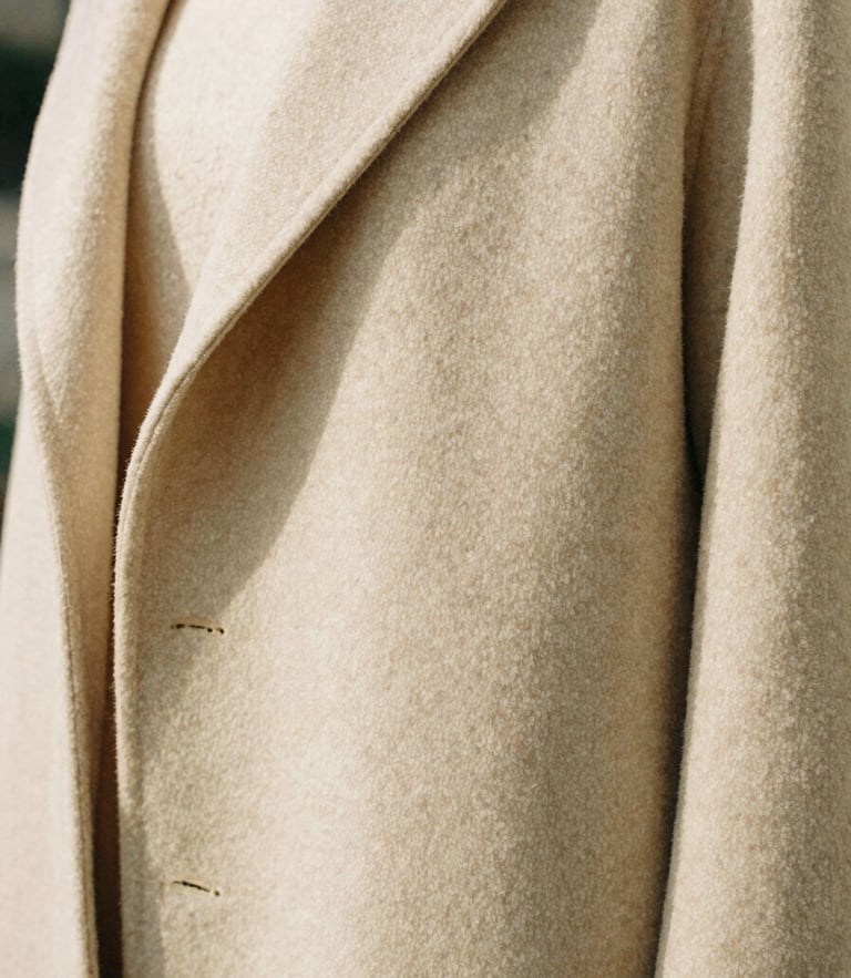 A close-up of a structured cream wool coat drape, architectural folds in soft natural daylight, shallow depth of field, warm sand tones.