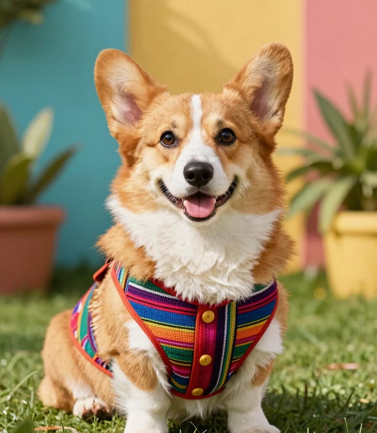 Happy fluffy corgi wearing a colorful custom-tailored Mexican vest, sitting in a bright sunny garden, looking directly at the camera, vibrant tones, eye-level medium shot.