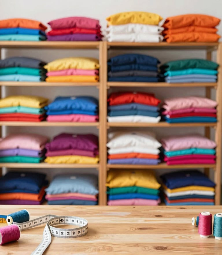 Bright warm photography of a cozy sewing workshop in Celaya, colorful pet fabrics stacked neatly on shelves, soft daylight illuminating a wooden work table with measuring tapes