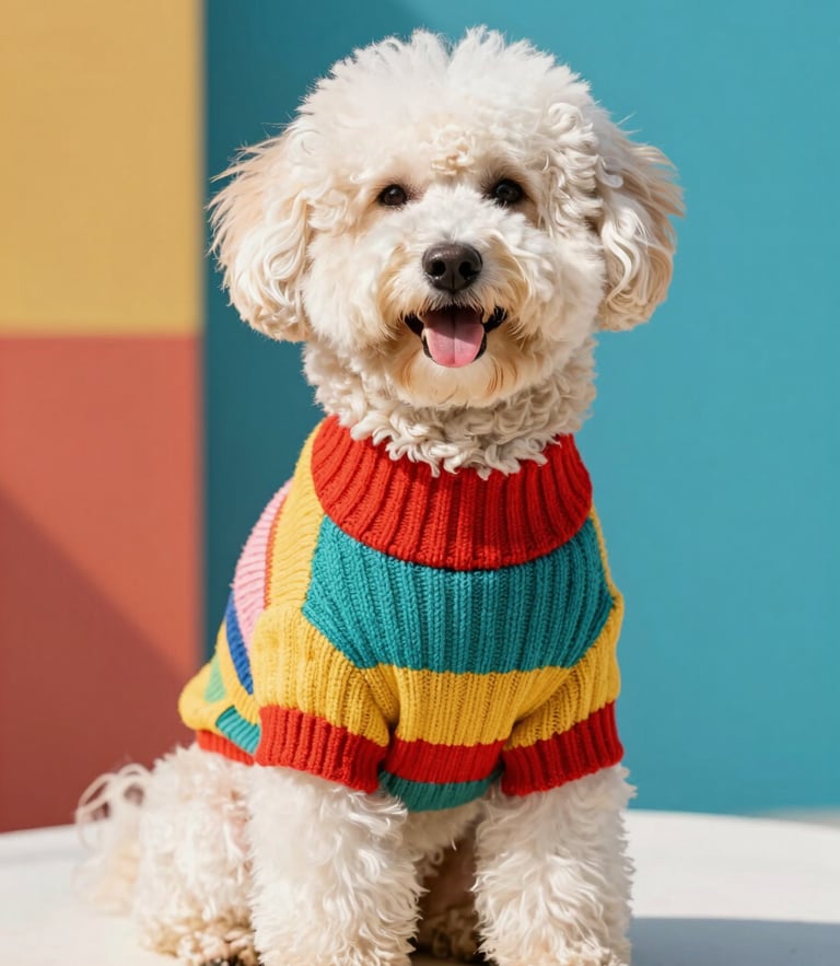 A happy fluffy dog wearing a colorful custom-tailored knit sweater, sitting comfortably, bright natural outdoor daylight, eye-level medium shot
