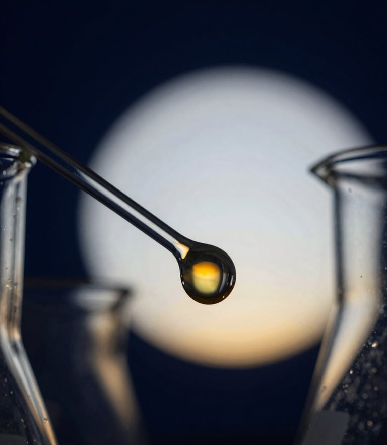 Macro high-contrast photograph of laboratory glassware containing a glowing amber chemical formulation, deep navy background, cool-toned scientific backlighting, sharp focus on molecular droplets, planetary sunrise-gold accents on the horizon of the glass curves.