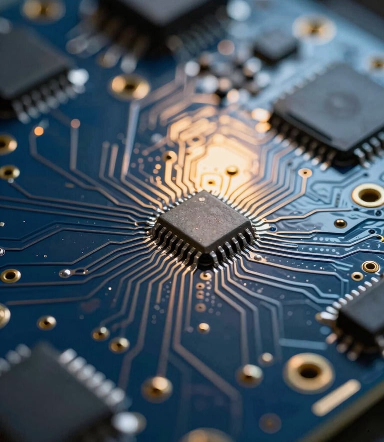 Macro close-up of a high-density multi-layered circuit board, cool-toned blue laboratory backlighting, warm golden sunrise light reflecting off metallic solder paths, sharp focus on micro-components.