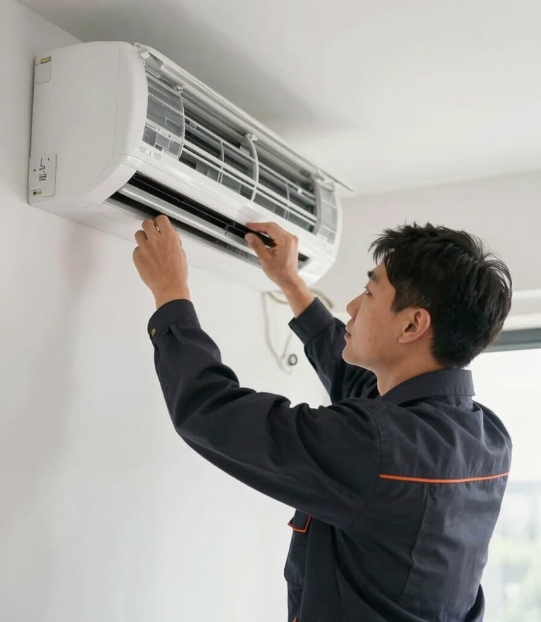 Medium shot of an authentic technician in a clean dark uniform installing a modern wall-mounted air conditioning unit, bright natural indoor lighting, focused on precise alignment