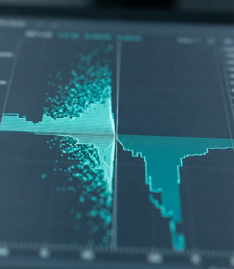 Macro close-up of a sleek financial terminal screen showing order book depth, cool diffused studio light, desaturated slate and sharp electric-teal accents, shallow depth of field