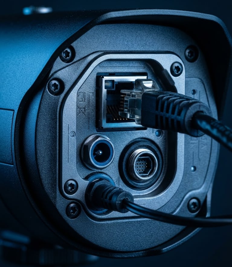 Macro detail shot of a sleek outdoor security camera port under cool blue studio lighting, sharp technical precision