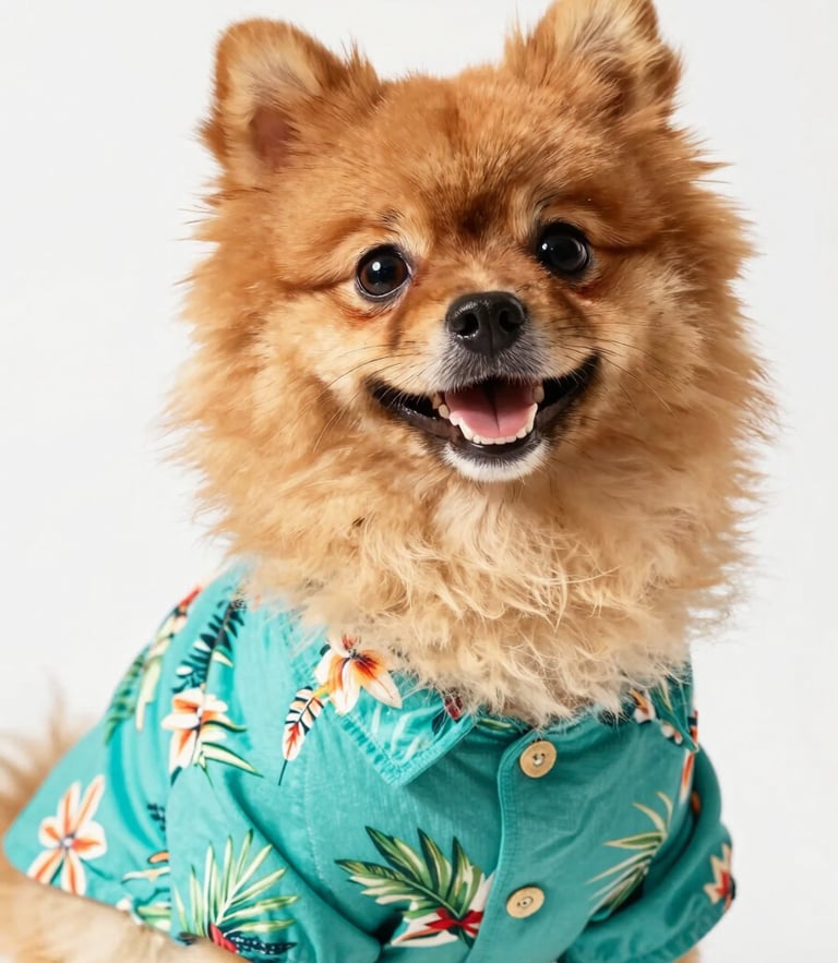 A happy fluffy Pomeranian dog wearing a bright teal tropical shirt, looking directly at the camera with a joyful expression, warm natural daylight, eye-level pet portraiture