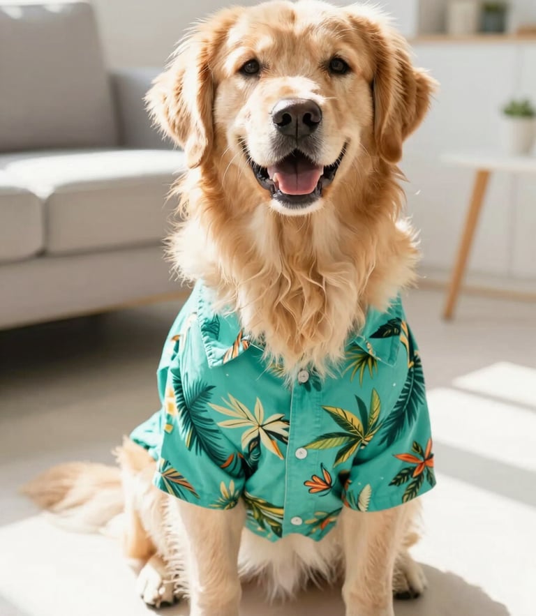 A happy fluffy golden retriever wearing a bright teal tropical shirt, sitting in a sunlit living room, looking directly at the camera with a joyful expression, high-key natural daylight