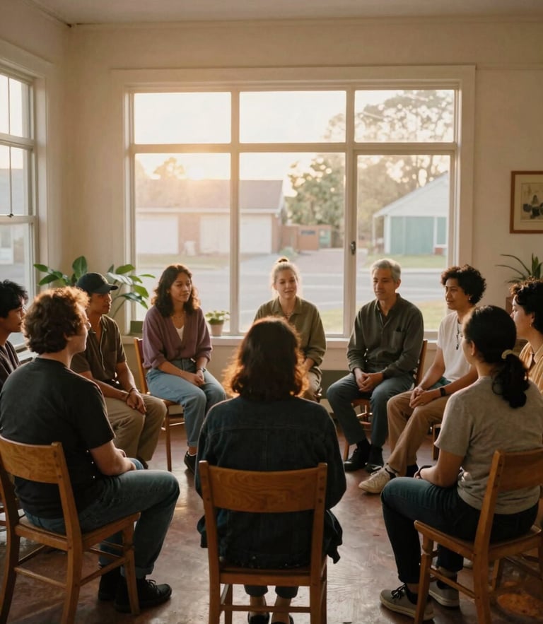 A quiet sunlit community room in Oakland, diverse neighbors sitting in a circle of wooden chairs, warm golden-hour light streaming through a large window, 35mm film style.