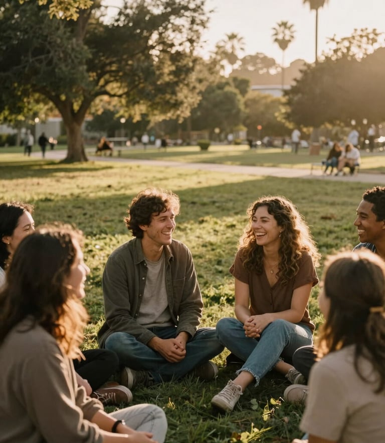 A warm environmental portrait of diverse community members laughing together in a sunlit California park, soft golden-hour light, rich earthy tones, authentic human connection, 35mm film style.