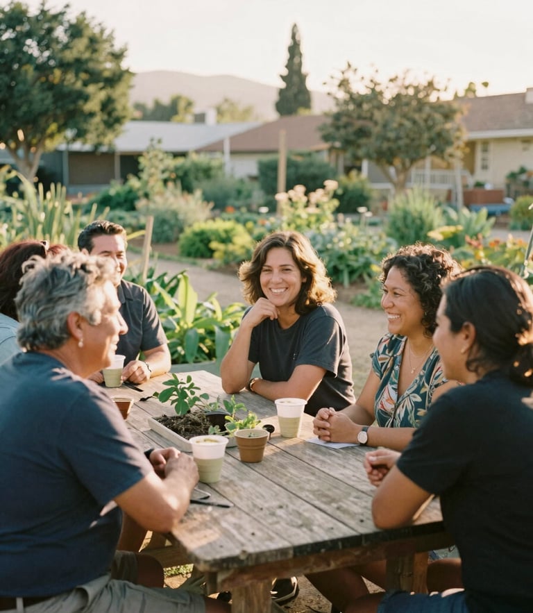 A warm, natural golden-hour photo of diverse neighbors talking and laughing around an outdoor wooden table in a California community garden, 35mm film style.