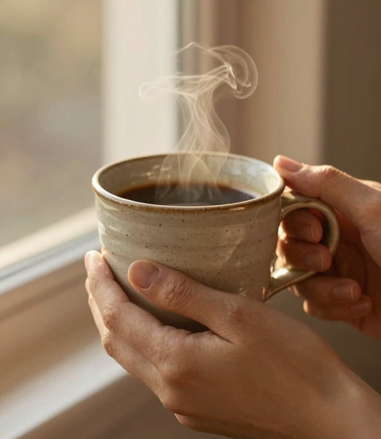 Close-up of warm hands holding a steaming ceramic mug of coffee, soft golden-hour window light, tactile stoneware texture visible, 35mm