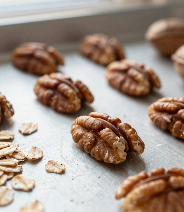 Macro close-up of whole pecans and rolled oats scattered on a baking sheet, soft morning window light, warm editorial photography style.