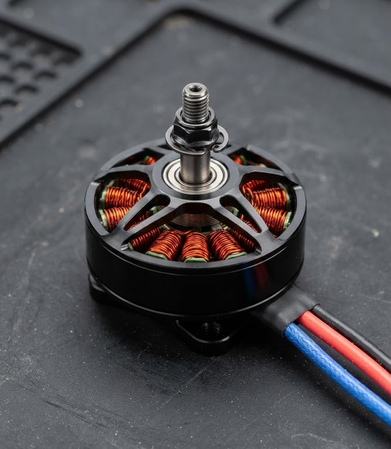 Macro close-up of a high-performance brushless drone motor resting on a black anti-static work mat, bright high-key studio lighting, copper wiring visible, ultra-detailed