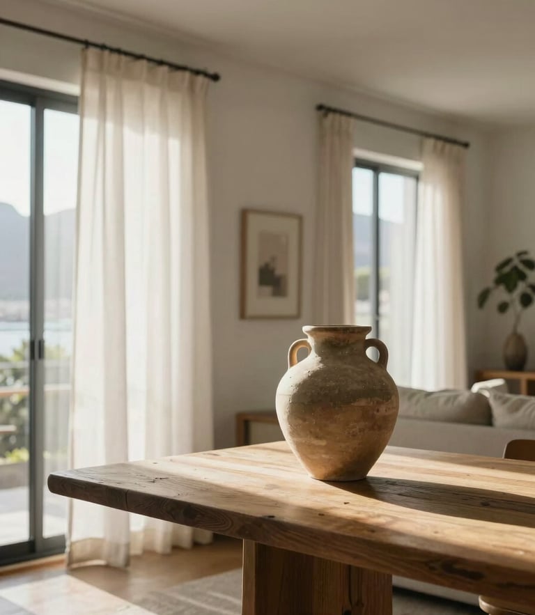A bright, sun-drenched Cape Town living room with high ceilings, featuring a textured clay vessel on a solid oak table, soft morning light filtering through linen drapes.