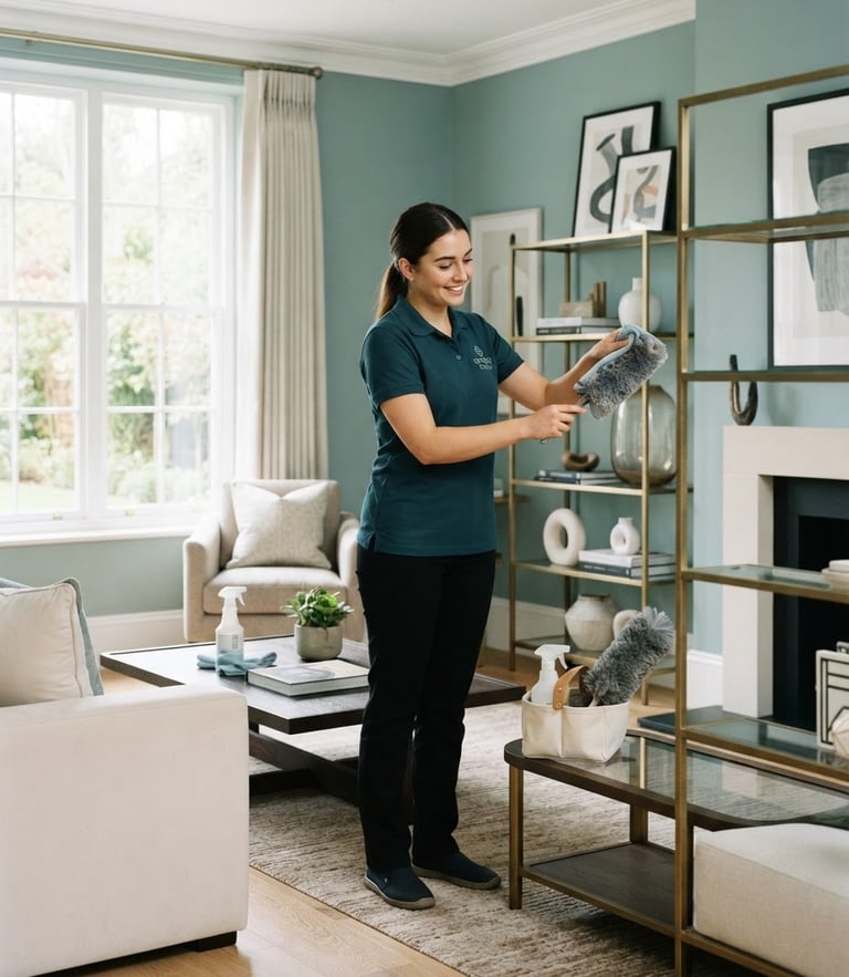 Bright editorial photography of a professional cleaner in a neat uniform carefully dusting a high-end modern living room, natural window daylight, soft teal tones, 35mm lens