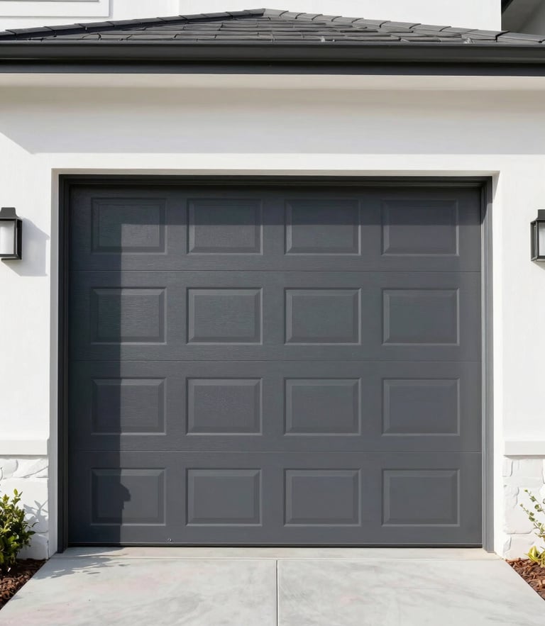 Straight-on architectural shot of a modern dark gray residential garage door on a clean coastal home, bright daylight, 35mm