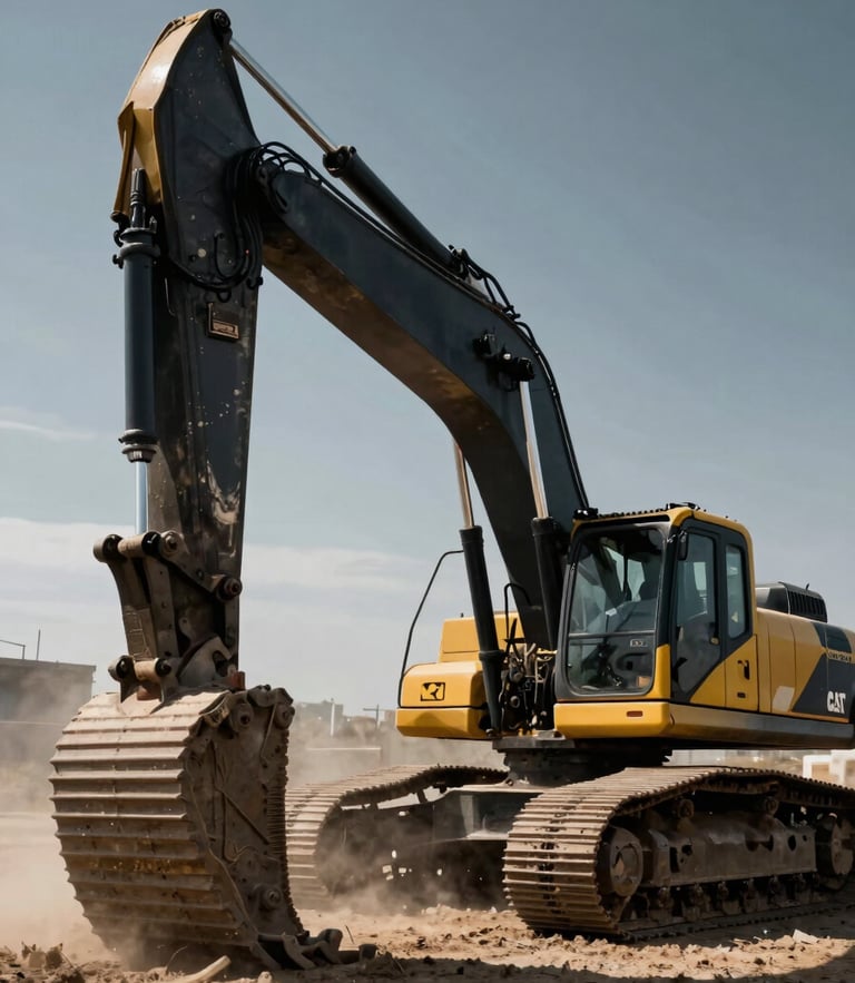 Dynamic low-angle shot of a massive Caterpillar excavator active in a dusty field, dramatic sunlight piercing through dust, dark metallic tones with sharp yellow accents, gritty industrial 35mm photography