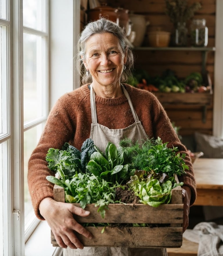 Close-up environmental portrait of a local farmer holding a wooden crate of fresh organic greens, soft natural window light, warm earthy tones.