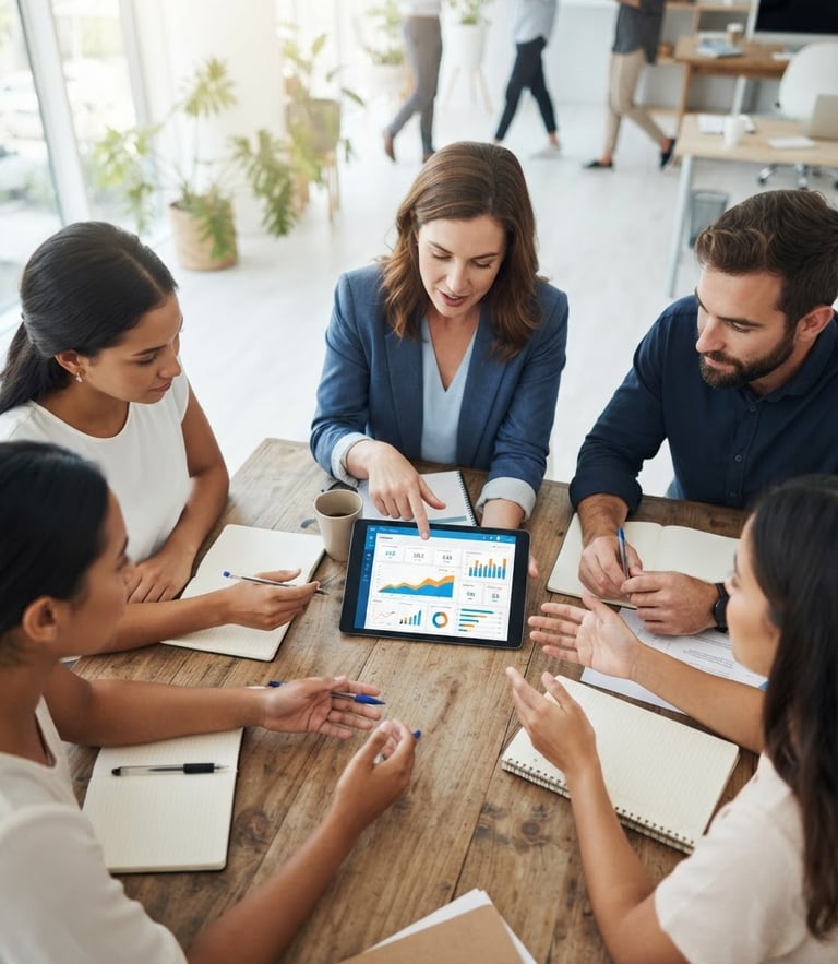 Overhead shot of a modern collaborative marketing team analyzing a clean data dashboard on a tablet, bright natural office light, crisp blue and orange accents