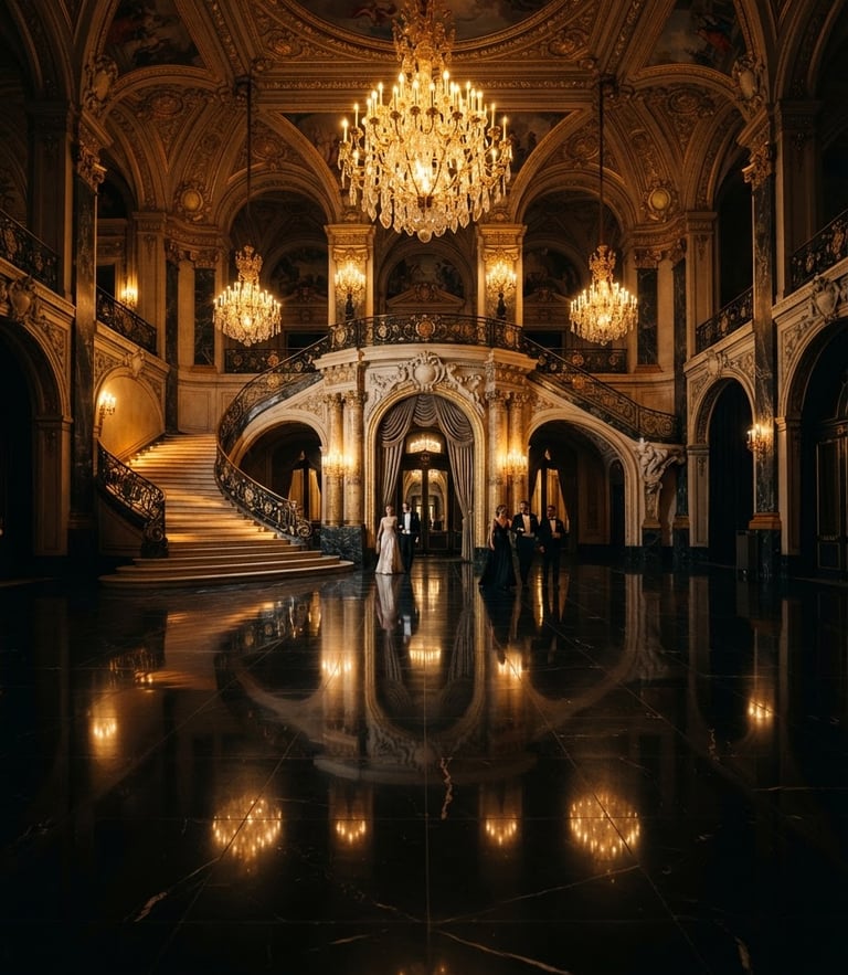 A dramatic wide-angle shot of a grand palace entrance, warm golden chandelier light reflecting on polished black marble floors, deep shadows, cinematic editorial photography