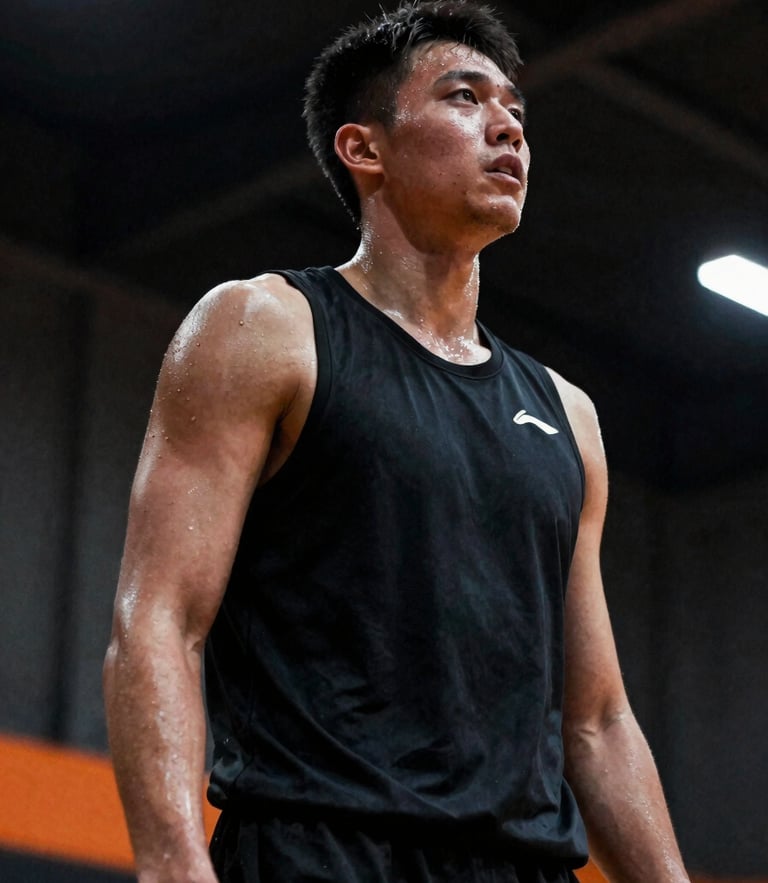 Dramatic low-angle 35mm shot of a basketball player sweating during intense court training, high-contrast spotlight, deep shadows.