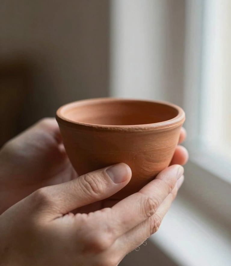 Macro close-up of soft human hands gently holding a raw terracotta incense holder, warm morning window light, muted earthy tones, shallow depth of field, 35mm