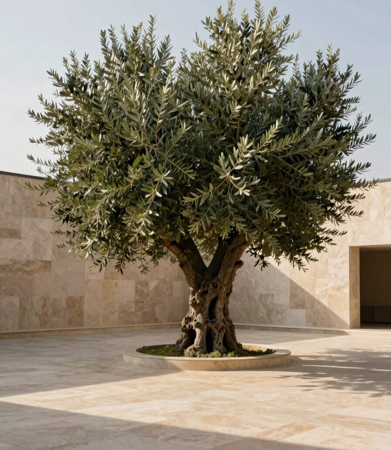 A towering mature olive tree positioned inside a minimalist travertine courtyard, soft afternoon sun casting long shadows, architectural wide shot, medium format.