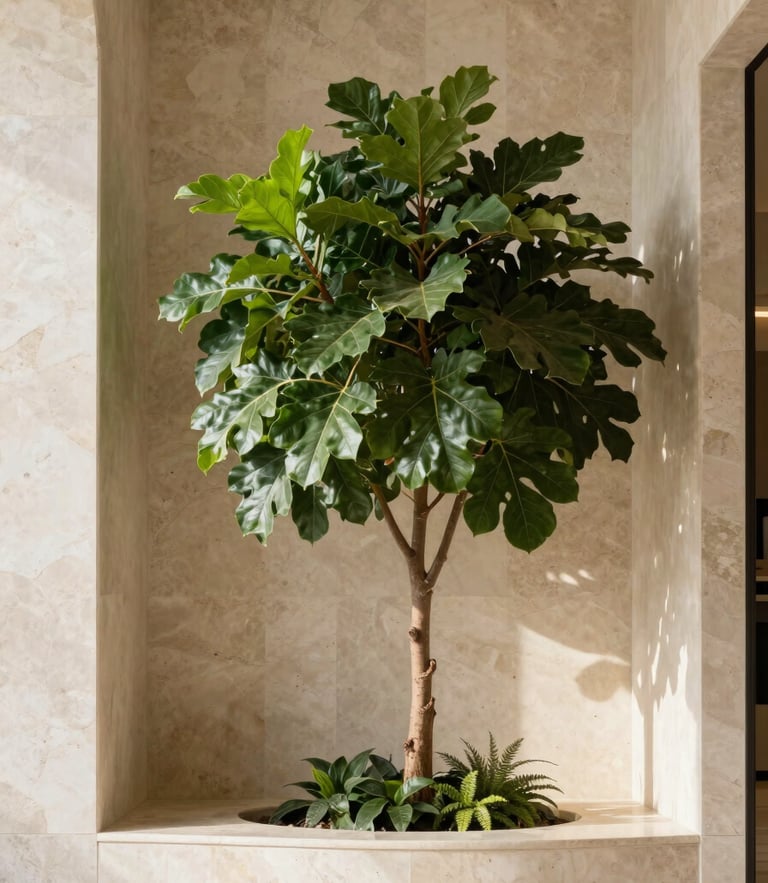 A mature architectural plant integrated into a luxury minimalist interior with travertine walls, bright soft natural light, medium format