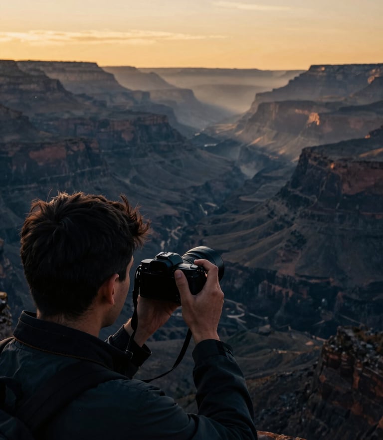 POV shot from behind a male travel photographer holding a camera, looking out over a dramatic misty canyon at sunrise. The scene is desaturated with deep navy tones and warm golden highlights.