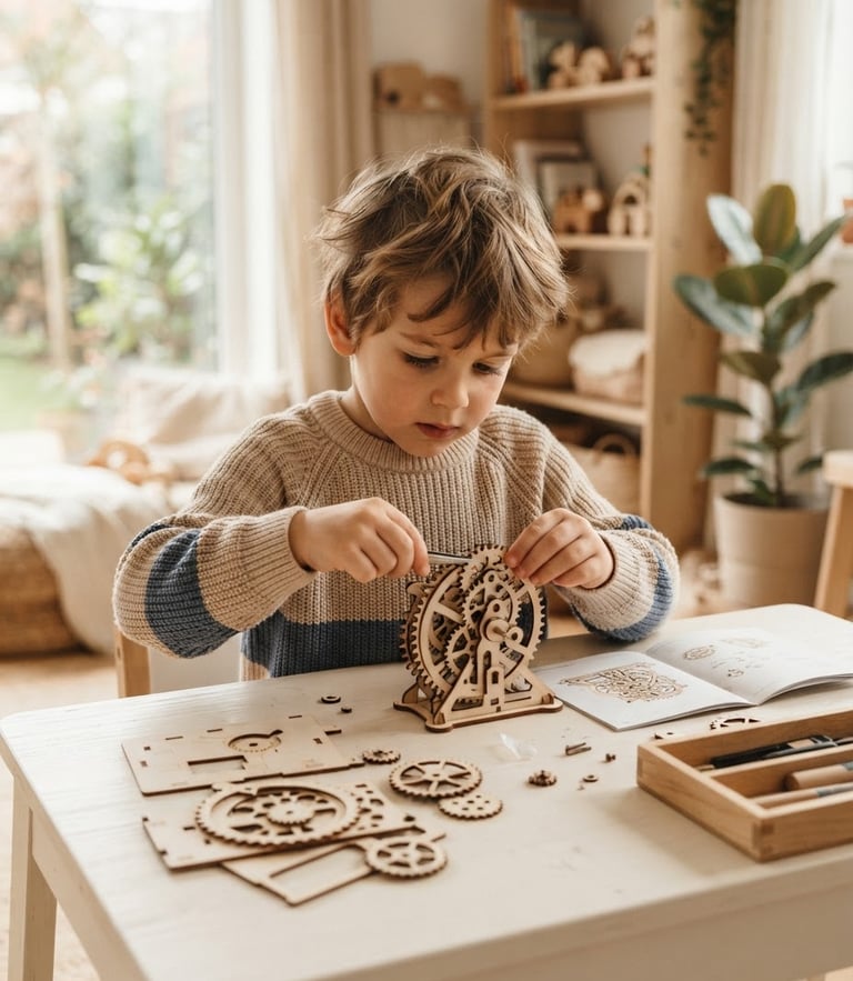 A child deeply focused on assembling a wooden gear kit on a clean cream desk, soft natural window light, Work Sans typography on the box, premium feel