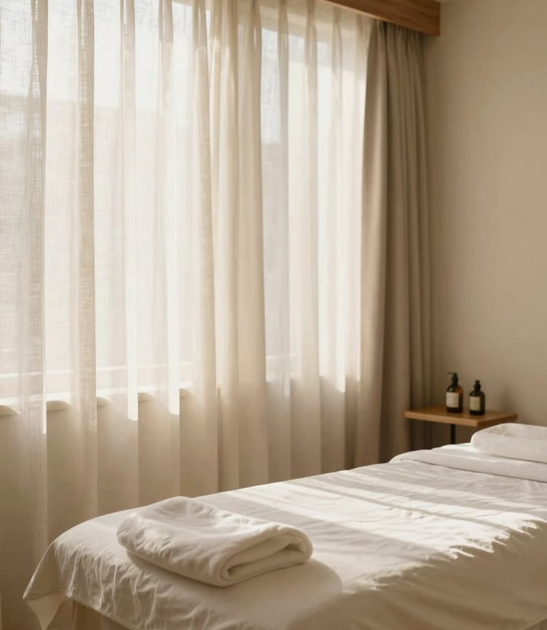 A peaceful private beauty treatment room with warm wooden accents, soft morning daylight filtering through linen curtains, warm cream tones, minimalist aesthetic, 35mm photography