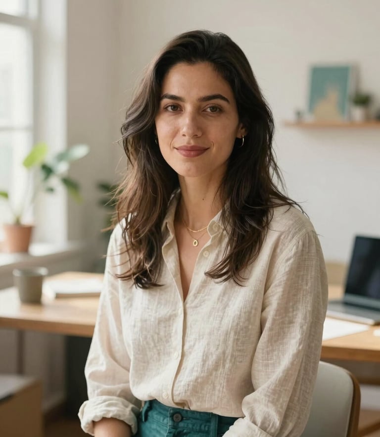 Warm editorial portrait of a female tech founder in a sunlit creative workspace with linen textures, soft natural lighting, shallow depth of field, 35mm