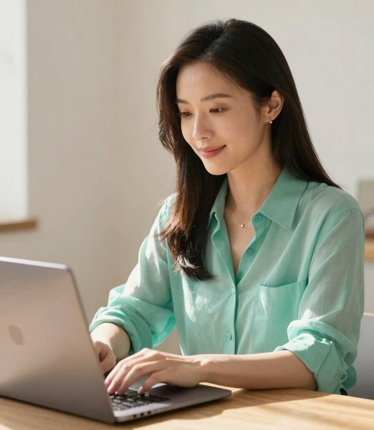 Warm editorial portrait of a female digital creator in a sunny studio, sleek laptop on a wooden desk, soft daylight, pastel tones with rich teal accents, 35mm