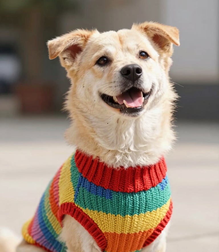 Bright cheerful pet photography, natural daylight, a happy dog looking up wearing a colorful handmade knit sweater, warm tones, eye-level angle, shallow depth of field, 35mm