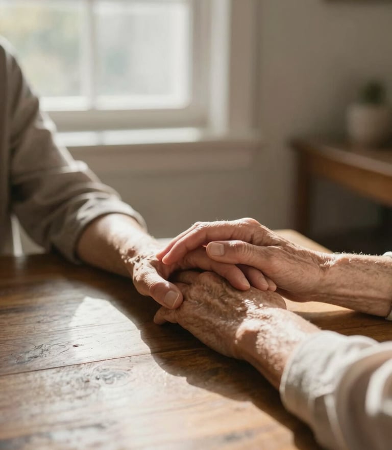 A warm sunlit living room, soft morning light filtering through a window, a caregiver's hand gently resting on an elderly woman's hand on a wooden table, warm tones, 35mm