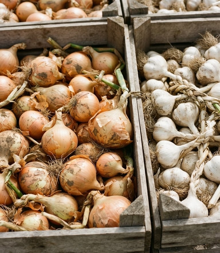 Close-up of freshly harvested golden onions and white garlic in clean wooden crates under bright natural daylight, 35mm