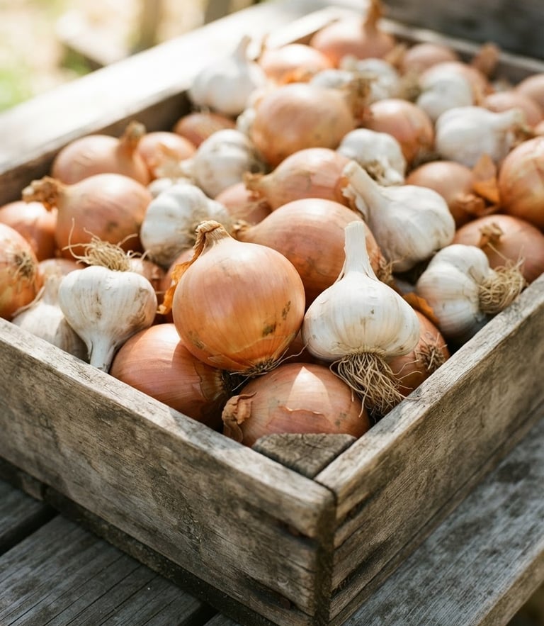 Close-up of premium golden onions and clean white garlic bulbs in a rustic wooden crate, bright natural sunlight, rich earthy tones, 35mm