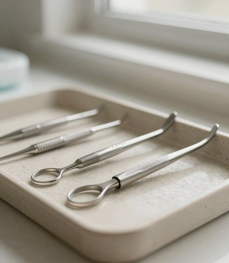 Close-up of clean dental instruments on a stone tray under soft natural window light, muted sage and cream tones, shallow depth of field, professional.