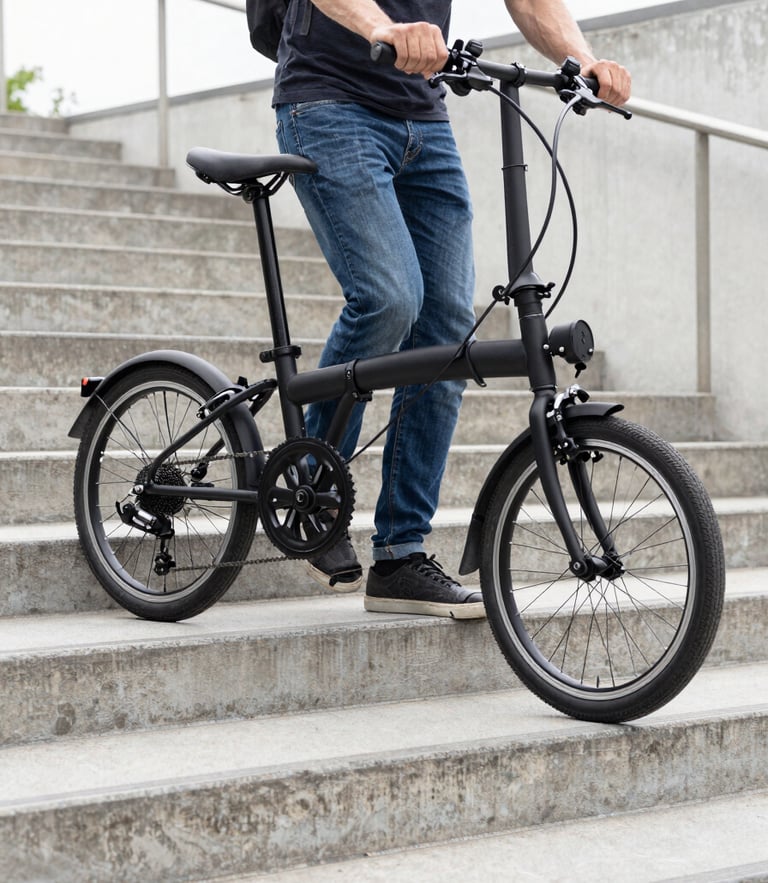 Medium-close shot of a commuter carrying a neatly folded black e-bike up concrete subway stairs, bright natural overcast daylight, soft shadows, clean urban background.