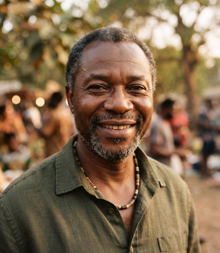 A close-up portrait of a local community leader smiling warmly in an outdoor setting, natural golden-hour light, rich organic earth tones, shallow depth of field