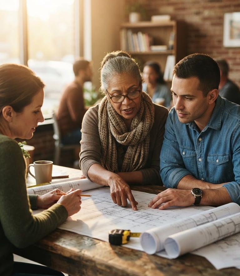 A close-up documentary shot of local community leaders reviewing architectural plans around a wooden table, warm golden sunlight streaming through a window, shallow depth of field.