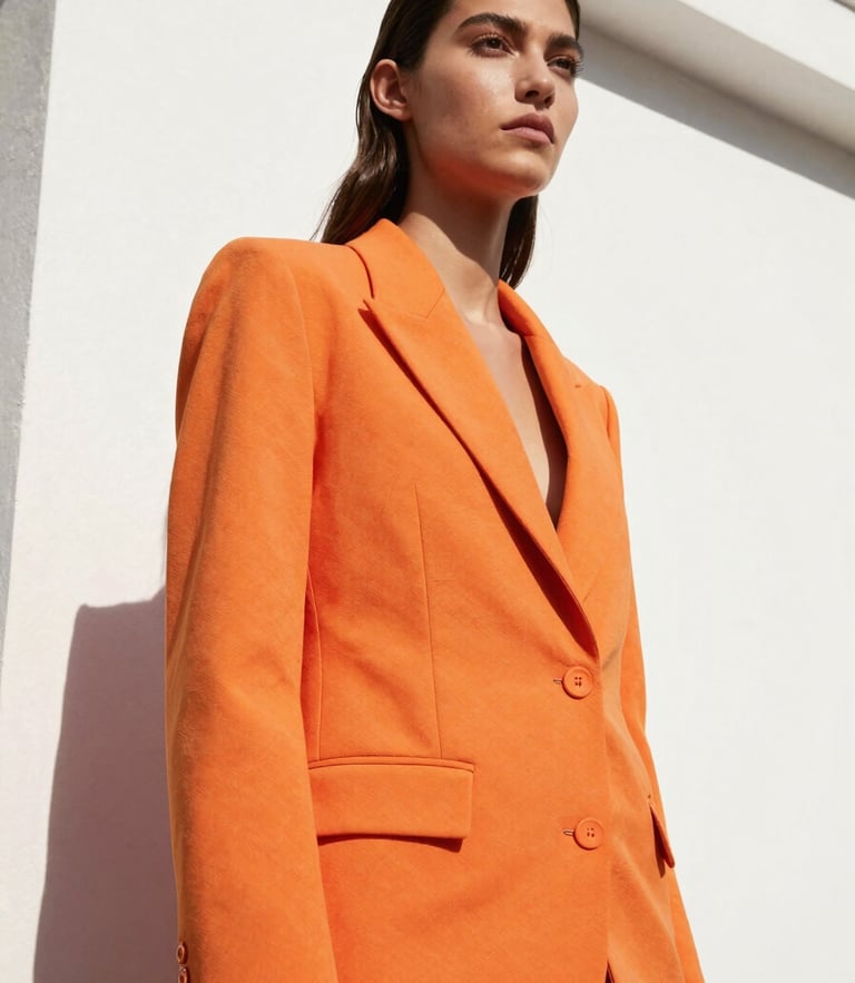 Low-angle heroic shot of a model in a structured vivid orange blazer against a crisp white architectural wall, direct bright sunlight, sharp high-contrast shadows